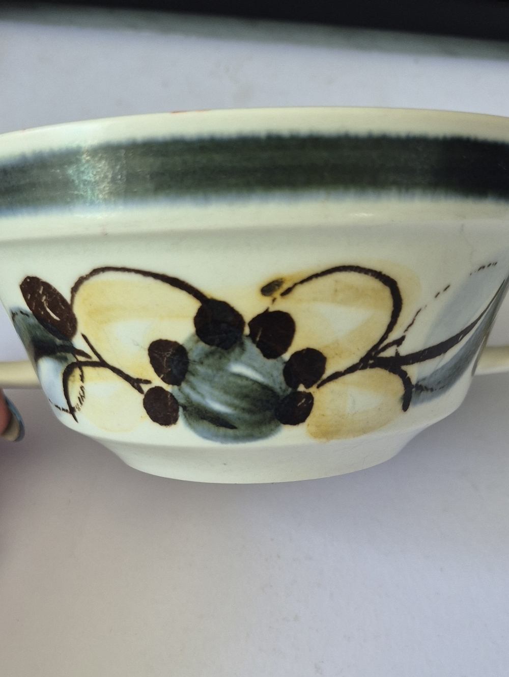 Hand-Painted Floral Ceramic Bowl in Green, Yellow Blue  Floral Design